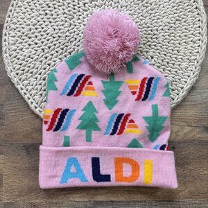 Aldi Gear Pink Holiday Logo Beanie Pom Knit Hat Adult One Size